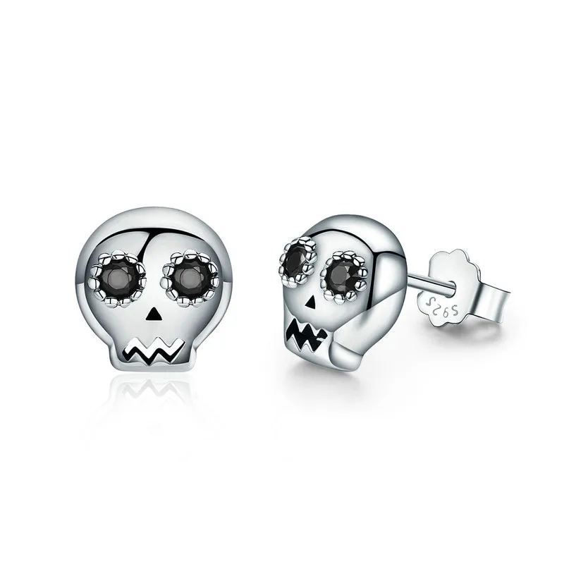 

free shipping Genuine 925 Sterling Silver Skull Skeleton Stud Earrings for Women Black CZ Sterling Silver women Jewelry Brincos