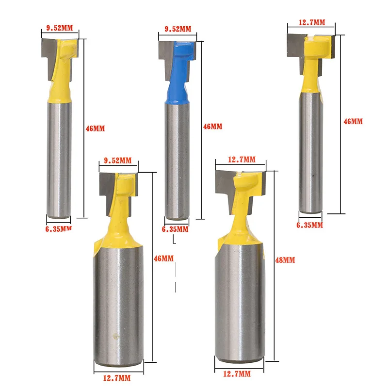 

5pcs 1/4 Shank Tongue and Groove Router Bit Set 6.35mm/12.7mm Woodworking Engraving T-slot Tenon Milling Cutter 1/2 Shank 80504