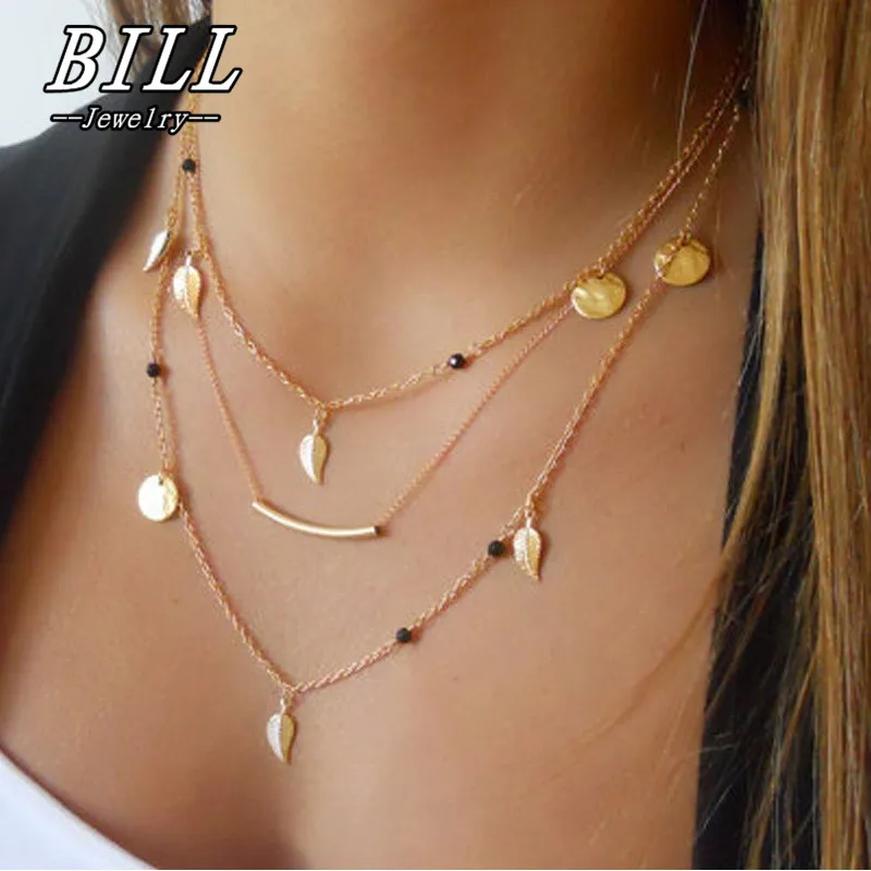 

N832 Minimalist Necklace Bijoux Chain Beads Leaves Pendant Fashion Jewelry Multi Layer Necklaces for Women Collier accessories