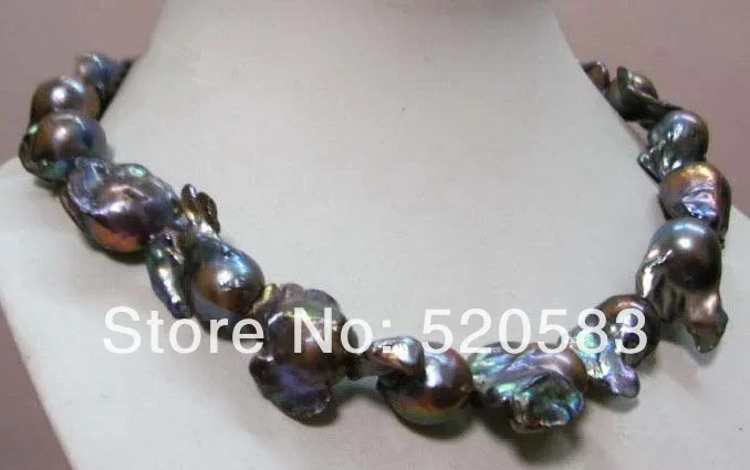 

huge south sea baroque black pearl necklace 18" 14k PLATED CLASP (A0511)