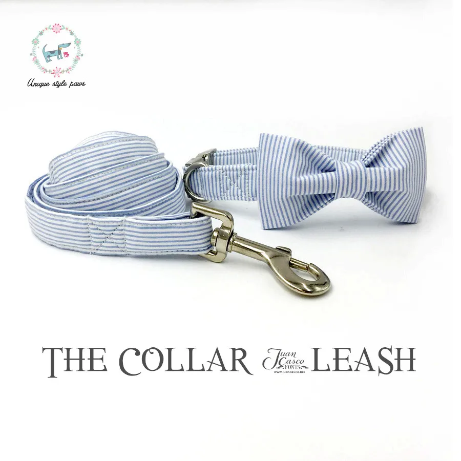 

blue striped dog or cat collar set with bow tie and leash personal custom pet pupply designer pet necklace