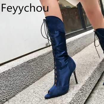 

Women Boots Spring Autumn Super High Heel Peep Toe Patchwork Lace Up Knee-High Fashion Sexy Sandals High Tube Stovepipe Boots