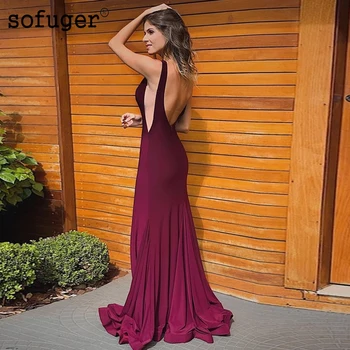 

Elastic Satin Burgundy Sofuge Backless Evening Dresses Formal Women Gown Arabic Muslim Special Occasion Robe De Soiree