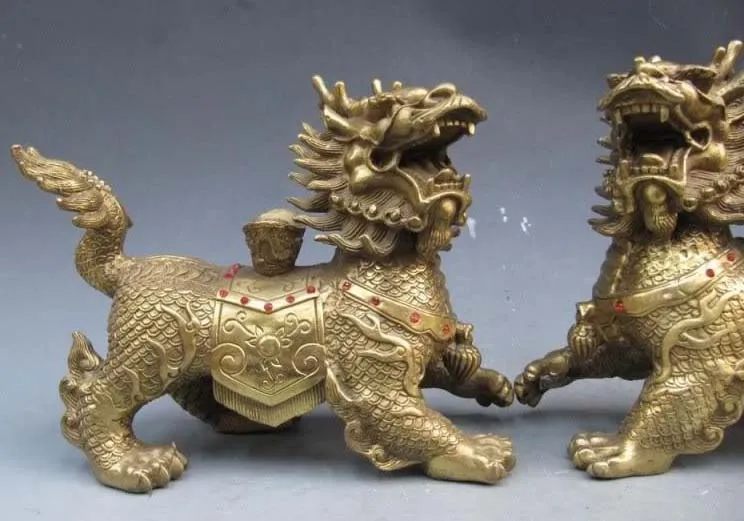 

7 Chinese craftwork Pure Brass Feng Shui Evil Fu FOO Dog Lion Kilin kylin Pair