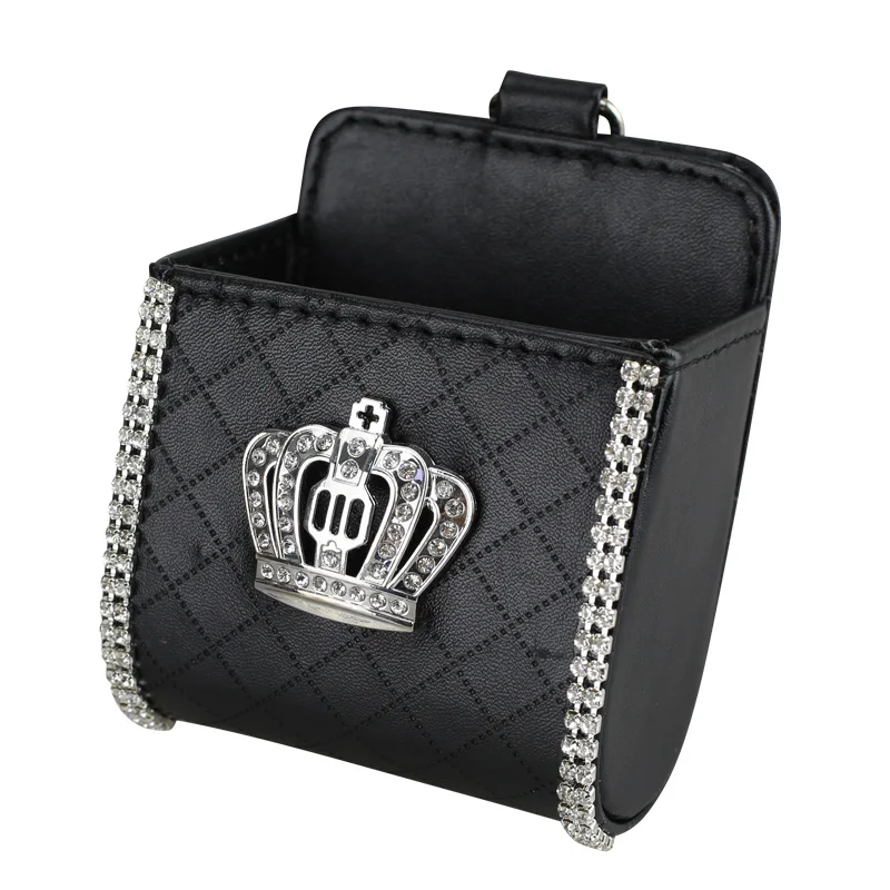 Diamond Crown Car Organizer Box Bag Air Vent Hanging Crystal Leather Universal Car Mobile Phone Holder Auto Interior Accessories 1