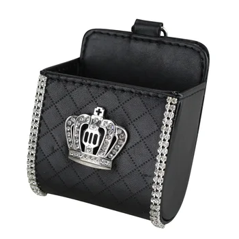 Diamond Crown Car Organizer Box Bag Air Vent Hanging Crystal Leather Universal Car Mobile Phone Holder Auto Interior Accessories 1