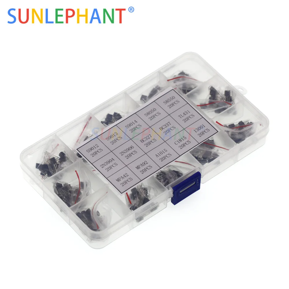 

300pcs/lot 15Values TO-92 Transistor Assorted Kit S9012 S9013 S9014 S8050 S8550 2N3904 2N3906 BC327 BC337 Tl431 MPSA42 MPSA92