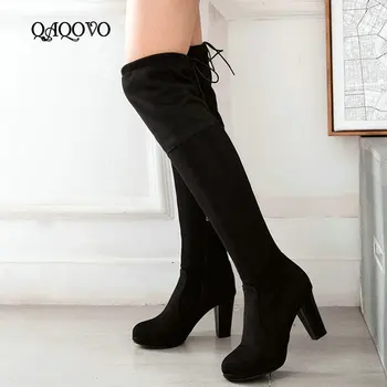 

Women Stretch Boots Over the Knee Boots Flock Leather Sqaure High Heels Thigh Boots Zipper Autumn Winter High Boots Shoes Black