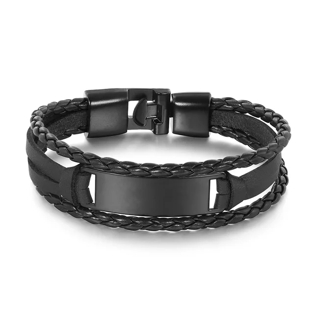 Personalized Custom Engraved Mens Bracelets Black Vintage Leather