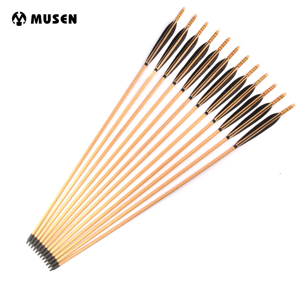 

6/12/24pcs Wooden Arrow 80cm Length with Black Feathers Steel Arrowhead For Compound Bow Archery Hunting Shooting