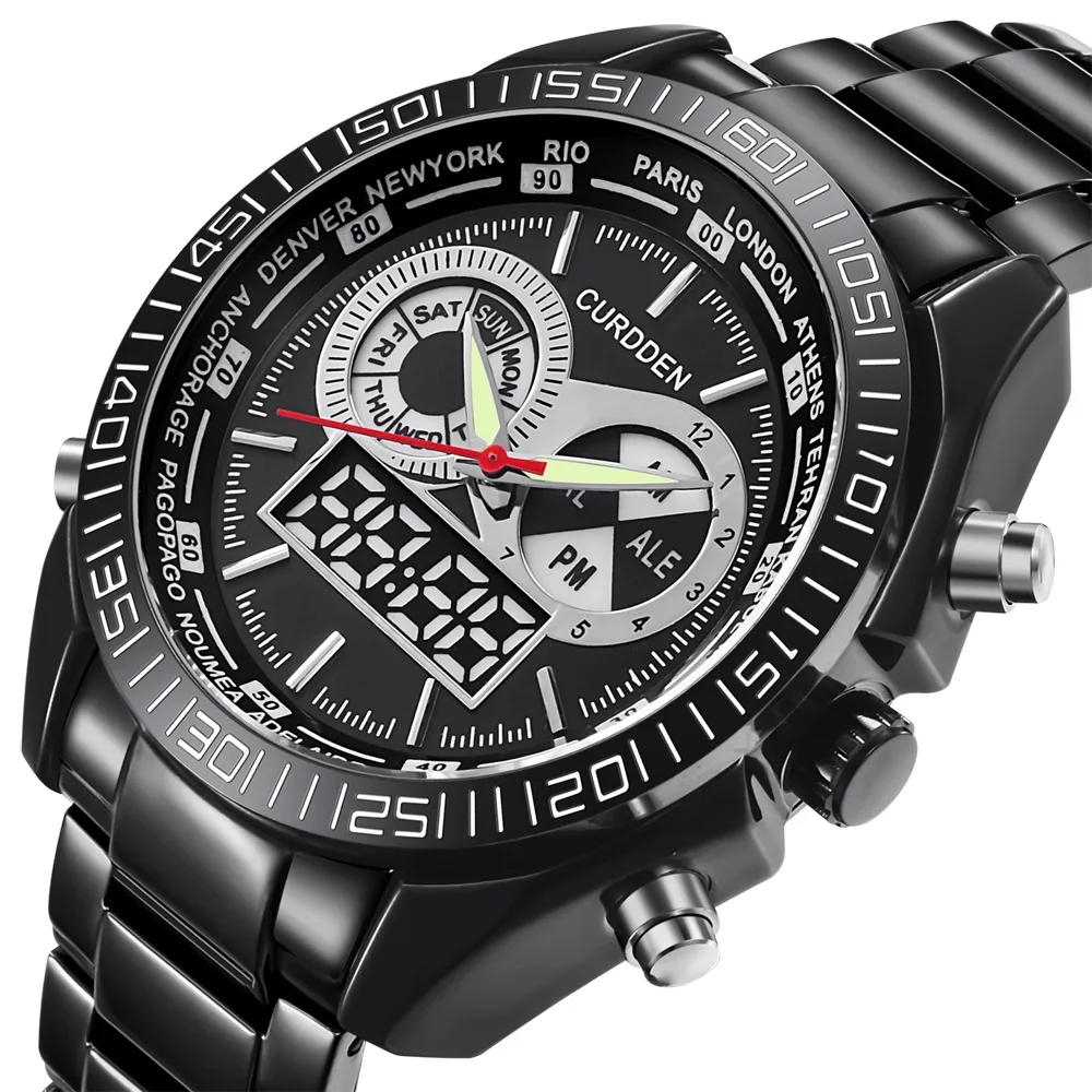

CURDDEN Dual Display Men Watches Fashion Military Sport Full Steel Mens Wristwatch Luxury Chronograph Men's Watch reloj mujer