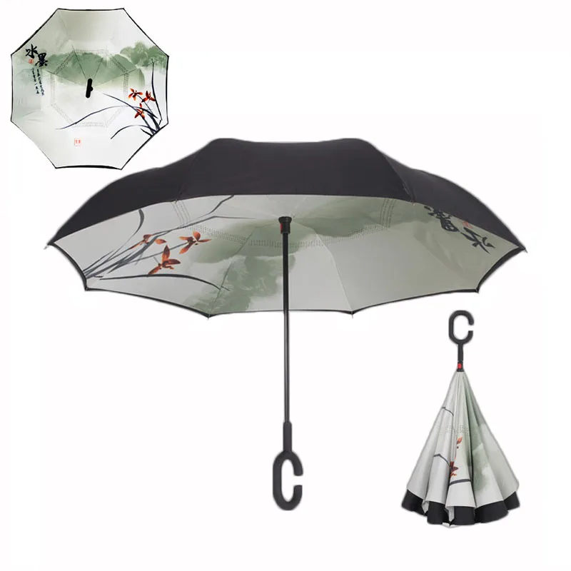 Yesello китайский перевернутый зонтик двойной слой ветрозащитный обратный зонтик для автомобиля и наружного использования - Цвет: Chinese ink painting