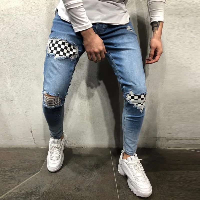 

Mens Denim Jeans Fashion Badge Worn Patchwork Skinny Pants Slim Fit Zipper Destroyed Gothic Style Ripped Jeans