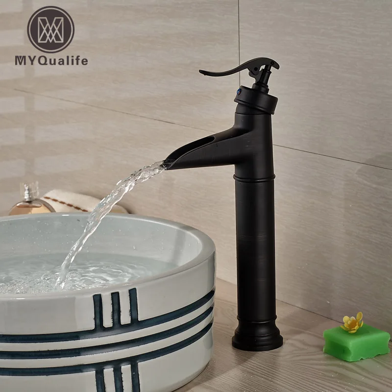 

Oil Rubbed Bronze Waterfall Spout Countertop Basin Sink Faucet Deck Mount One Hole/handle Hot Cold Faucet