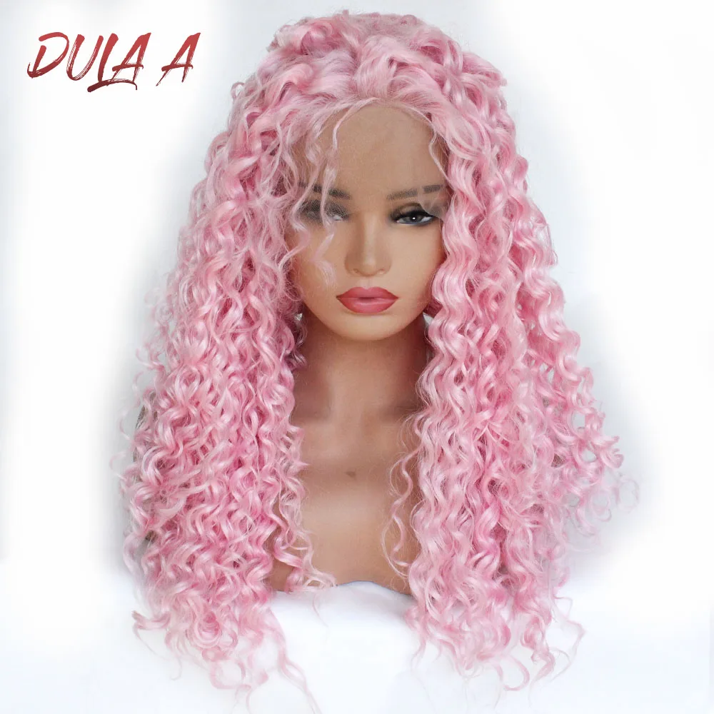 

Dula A Hair 24" Long Jerry Curl Wigs Synthetic Lace Front Wig For Women Long Kinky Curly Pink Lace Wigs High Temperature Fiber