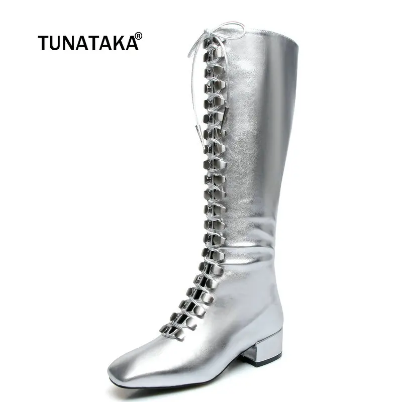 

Women Patent Leather Rivet Comfort Low Heel Martin Boots Fashion Zipper Square Toe Fall Winter Knee High Boots Black Sliver
