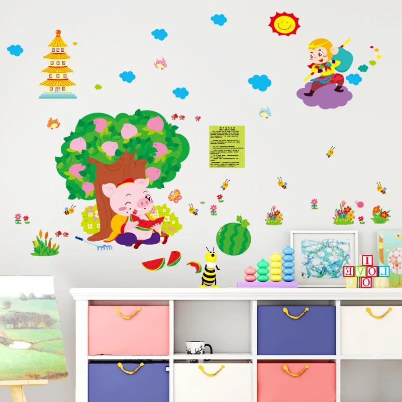 الكرتون ملصقات الحائط الطفل خرافة خرافة رحلة إلى الغرب الملك القرد pigsy أكل البطيخ الاطفال غرفة خزانة ديكور لصائق