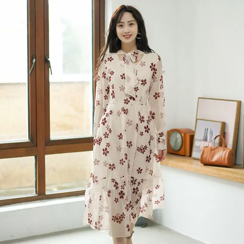 

Spring and Autumn New Printed Chiffon Dress for Women Gorgeous Floral Elegant Bow Neck Long Sleeve Vestidos Casual Slim Sundress