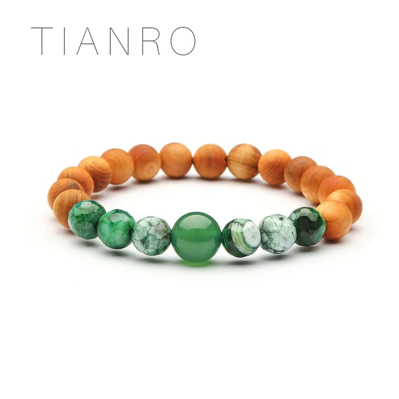 

TIANRO Natural multi-faceted agate cedar wood beads neutral beaded bracelet forest story elastic bracelets ladies gifts