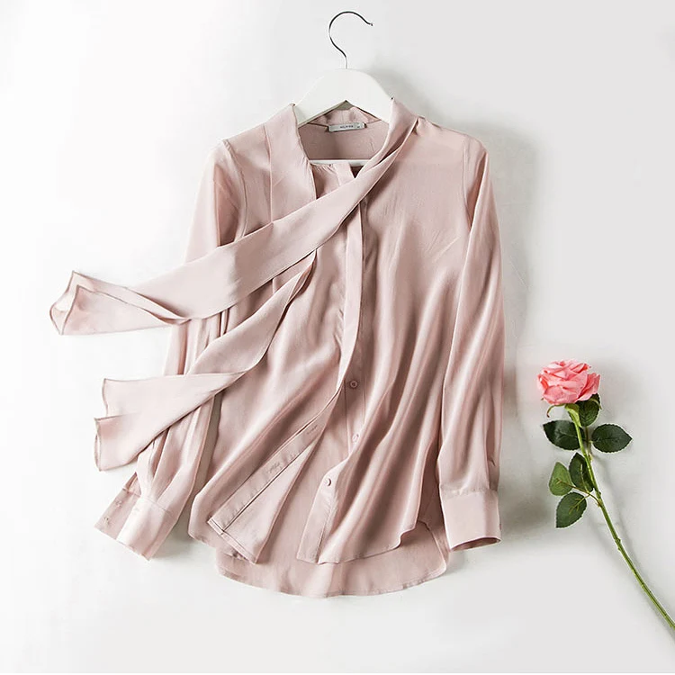Блуза из натурального шелка, женская блузка с длинным рукавом, рубашка, Blusas femininas, воротник-бант, блузки для женщин, Новая Весенняя коллекция блузка рубашка - Цвет: Розовый