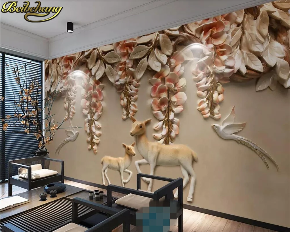 

beibehang wall papers home decor Custom wallpaper 3D three-dimensional relief elk flower bird TV sofa wall papel de parede