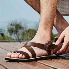 Из натуральной нешлифованной кожи для отдыха сандалии для Для мужчин плоский каблук горячие летние пляжные Для мужчин; гладиаторы