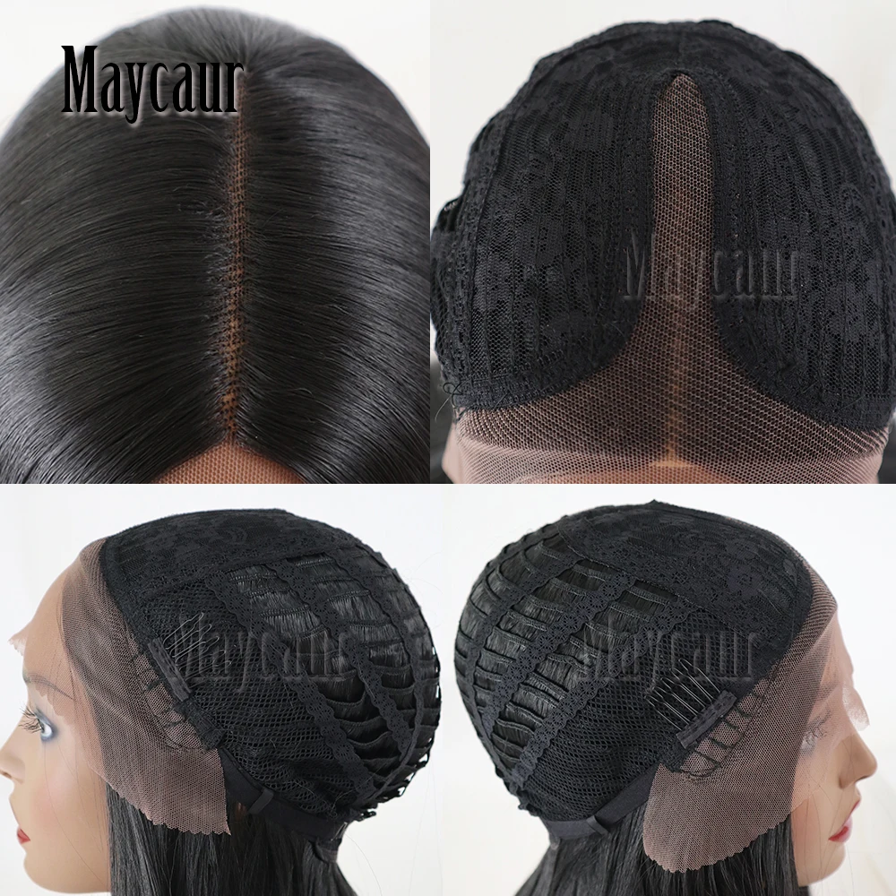 Maycaur Hair Middle Part Long Body Wave Hair Lace Wigs Glueless Black Color Synthetic Lace Front Wigs for Black Women