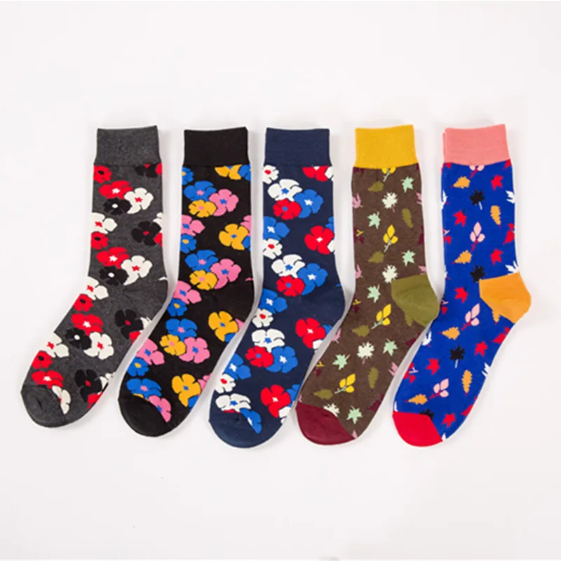 PEONFLY 5pairs/lotFashion Colorful Socks Men Flower optic combed Cotton