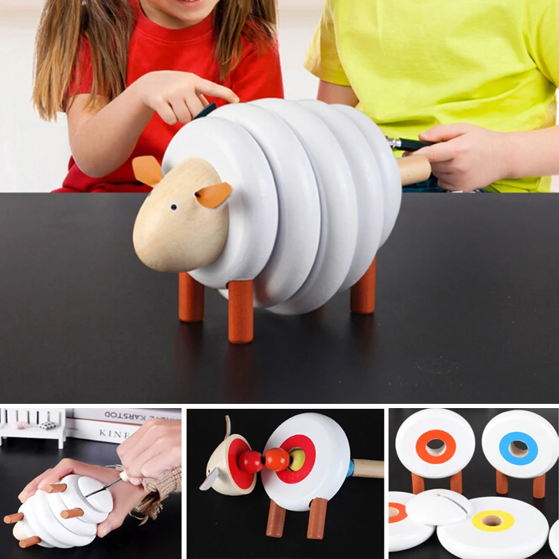 

Cute Cartoon Sheep Drawstring Toys Kids Wooden Toys Creature Blocks Removable Assembling Blocks Educational Toys For Children