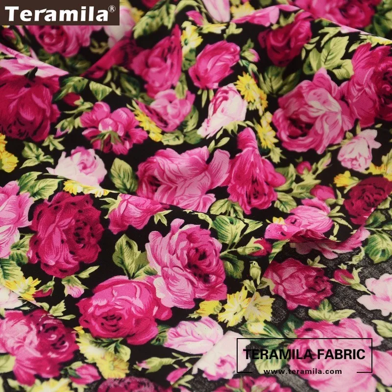 Teramila Cotton Poplin Fabric Fat Quarter Meter Quilting Printed Pink Blooming Rose Design Dress Shirt Decoration Cloth Sewing|cotton poplin
