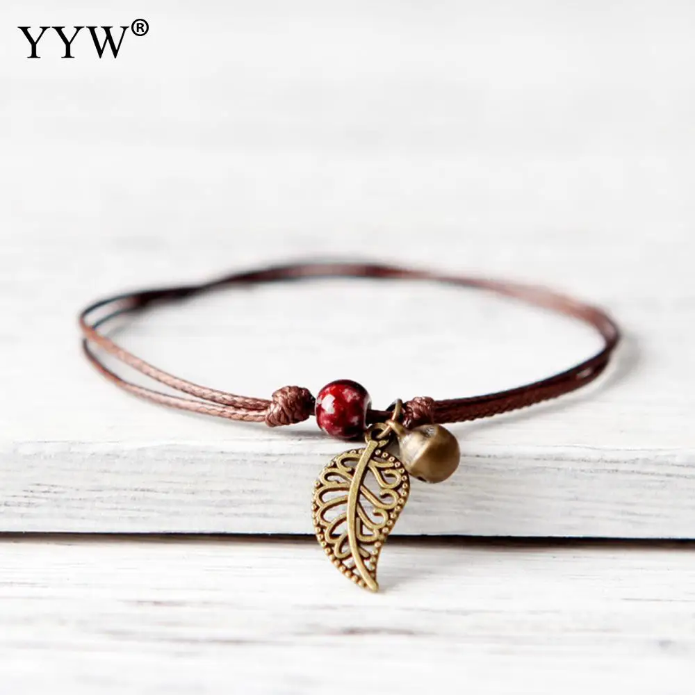

YYW Ceramic Beaded Leaf Bracelet Anklet Couples Boudoir Bohemian Vintage Pendant Rope Chain Bracelet Ornament Unisex 3strand/Lot