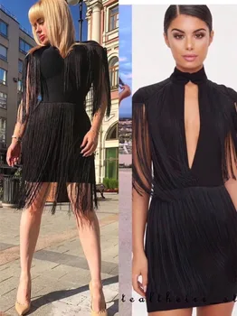 

Women Luxury Sexy Key Hole Tassel Black Blue Bandage Dress 2018 Knitted Elegant Designer Party Dress