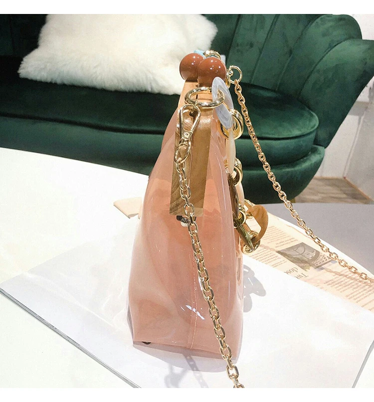 Wood Clip PVC Clear Jelly Handbag Woman New Designer Korean Acrylic Chain Transparent Jelly Shoulder Bag Clutch Female