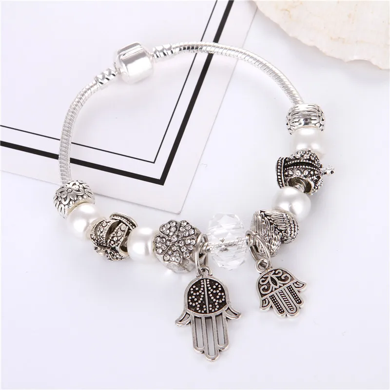 

European Vintage Silver plated white Imitation pearls/crystal Palm Pendant Charms Pandora Bracelet For Women/Gril gift jewelry