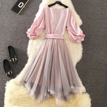 

Summer Mesh Skirt Striped Shirt Sets Pink Puff sleeve Bow Lace-up Blouse and Pleated Irregular Mesh Skirt Two piece Casual Set
