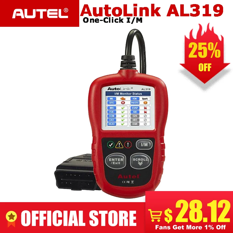 

Autel AutoLink AL319 Auto Diagnostic Scan Tool/Code Reader Turn off MIL/Patented One-Click I/M Readiness Key/Reset Monitors etc.