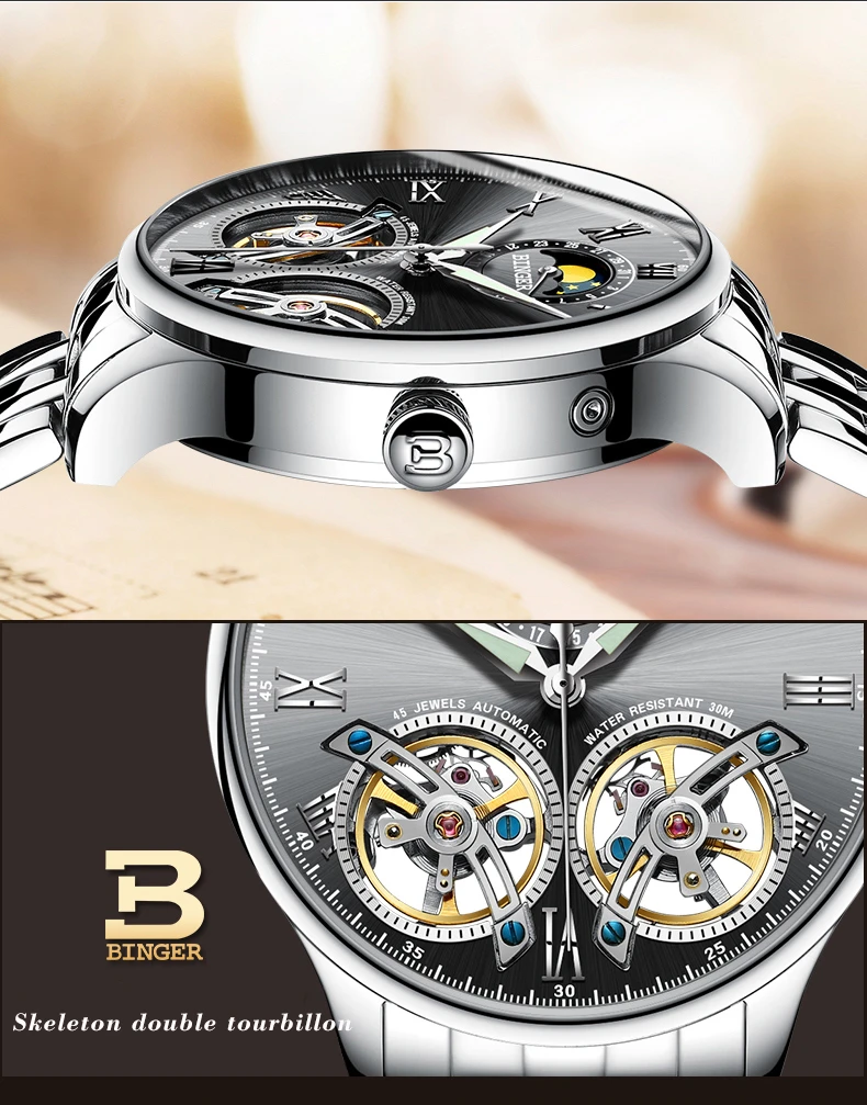 Швейцарские BINGER Роскошные автоматические часы Moon Phase для мужчин с двойным турбийоном для мужчин s Скелет механические часы для мужчин бренд Relogio