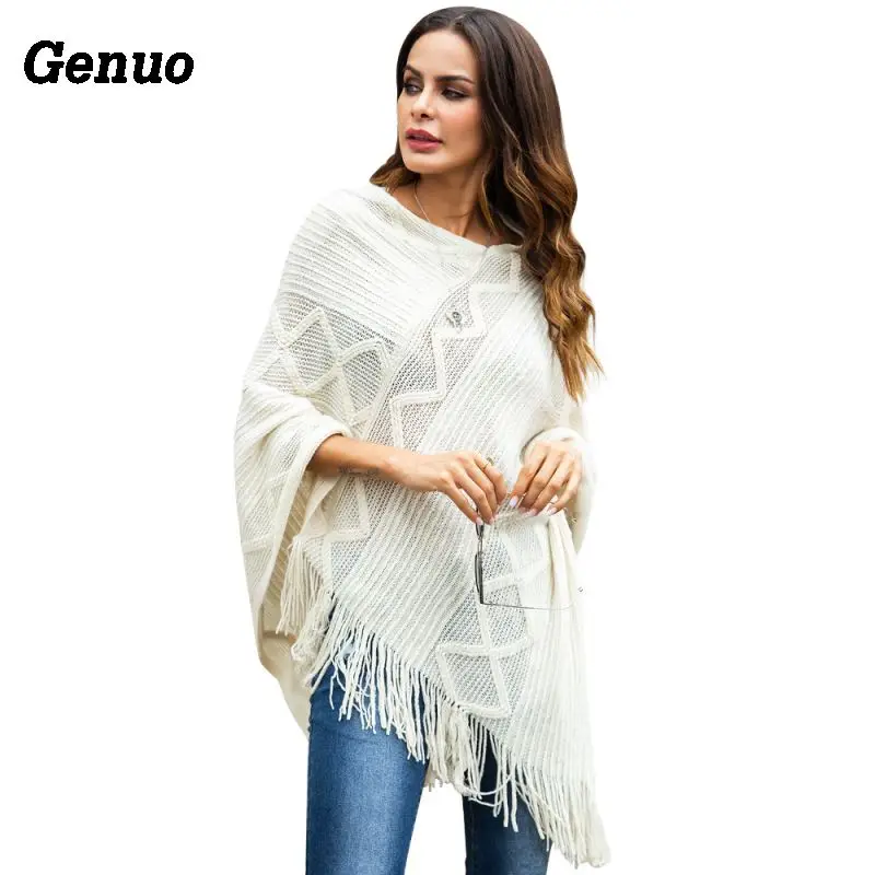 Genuo Women's Knitted Sweater Capes Elegant Sequin Tassel Knit Shawl Cloak Ladies Autumn Geometric Loose Poncho Sweater Pullover