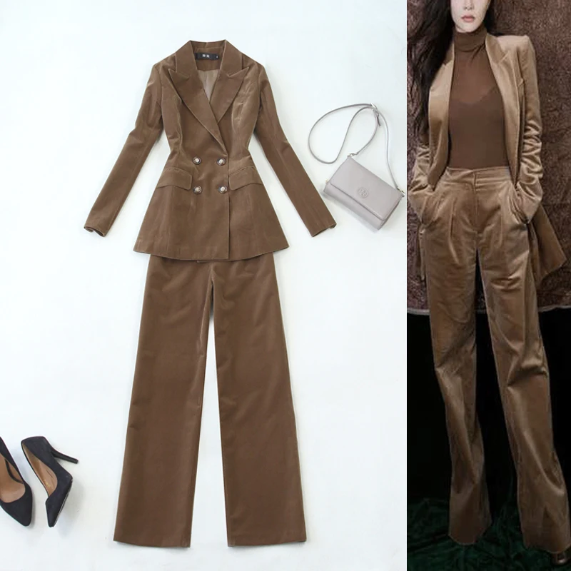 Women's Pant Suit set autumn winter velvet Slim double-breasted Blazer suit+wide leg pants two-piece Office Lady Work Wear set