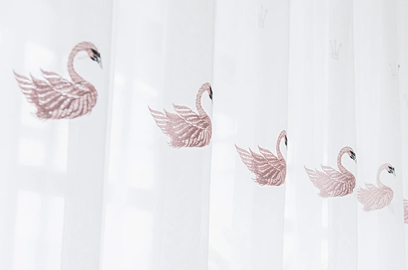 Pink Cute Swan Gauze Bedroom Tulle Balcony Decorative Drapes White Embroidered Curtains Sheer Screens For Living Room MY146-40