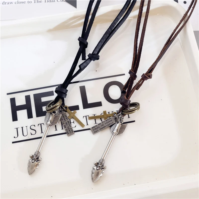NIUYITID Arrow Feather Pendant Necklace Ancient Silver Color Men Genuine Leather Jewellery Long Rope Asjustable 40-80cm  (2)