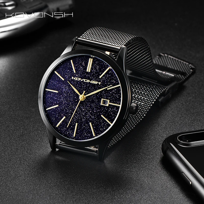 

KOVONSH Mesh Belt Band Men Watches Fashion Genuine Leather Men's Watch Business Gentleman Watch Gifts Present Dropshipping