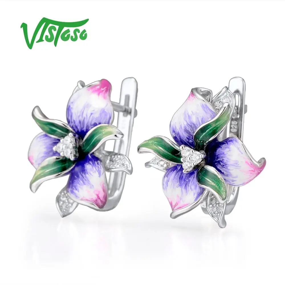 VISTOSO серебряные серьги для женщин розовый цветок шикарные свадебные аксессуары