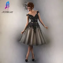 Classic Black Lace Cocktailkleider Knielangen Abendkleid Ärmel Tüll Perlen Rückseite Reißverschluss Formale Frauen Kleiden