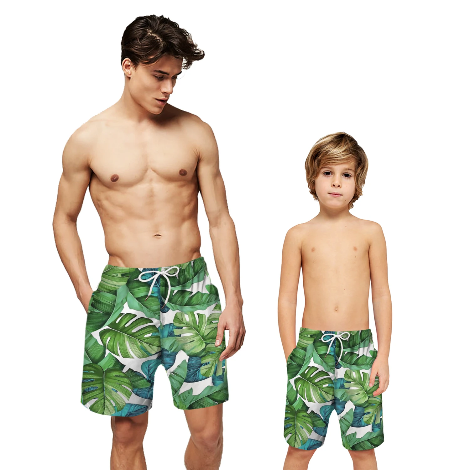 

Family Flat Front 3D Digital Print Father and Boy's Design Shorts Green Leaves Patchwork Summer Beach Shorts Swimming Shorts