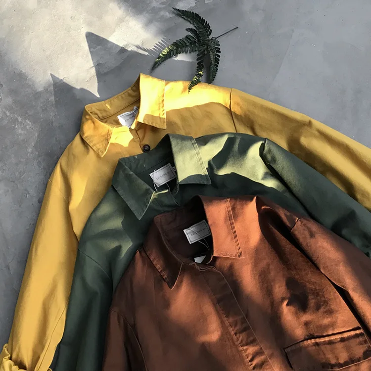Autumn Safair Style Women Solid Jackets Turn-down Collar Full Sleeve Pocket Straight Work Clothes Korean Loose Yellow Green Coat