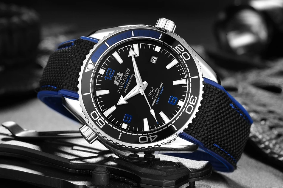 Мужские автоматические механические холщовые часы с резиновым ремешком James Bond 007, стильные оранжевые, синие, красные классические часы с вращающейся рамкой