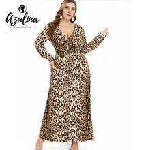 AZULINA Plus Size Sexy Vestido de Leopardo Mulheres V Long Neck Mangas Tornozelo-Comprimento do Vestido Vestido Ocasional Outono Roupa Das Senhoras tamanho grande