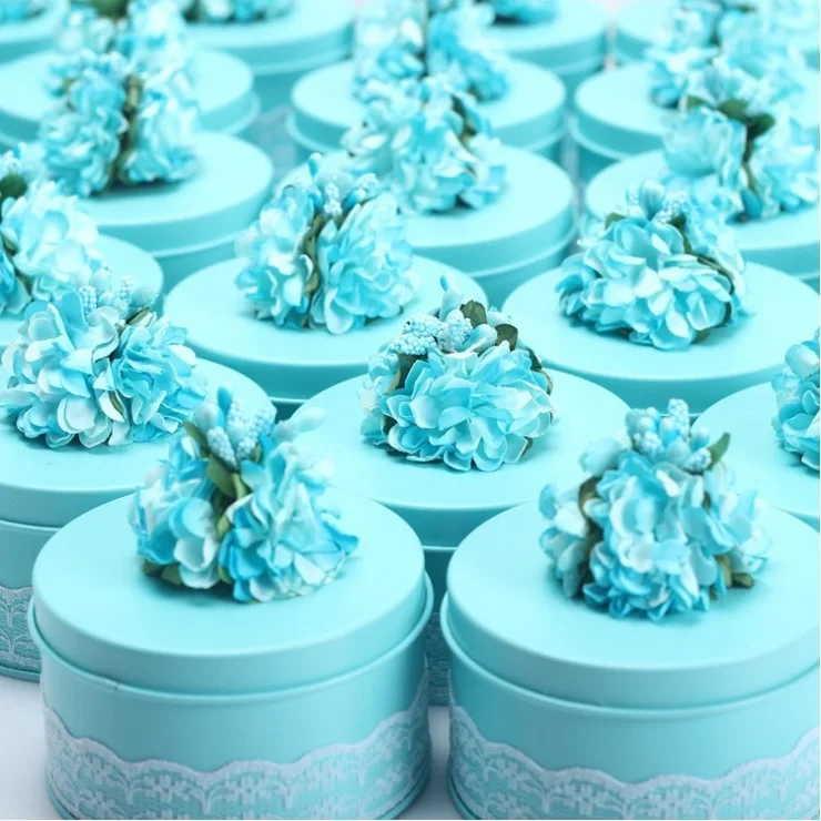 Круглая консервная банка коробка конфет на свадьбу с кружевом и цветами ручной работы металлическая подарочная коробка 100 шт - Цвет: Светло-зеленый