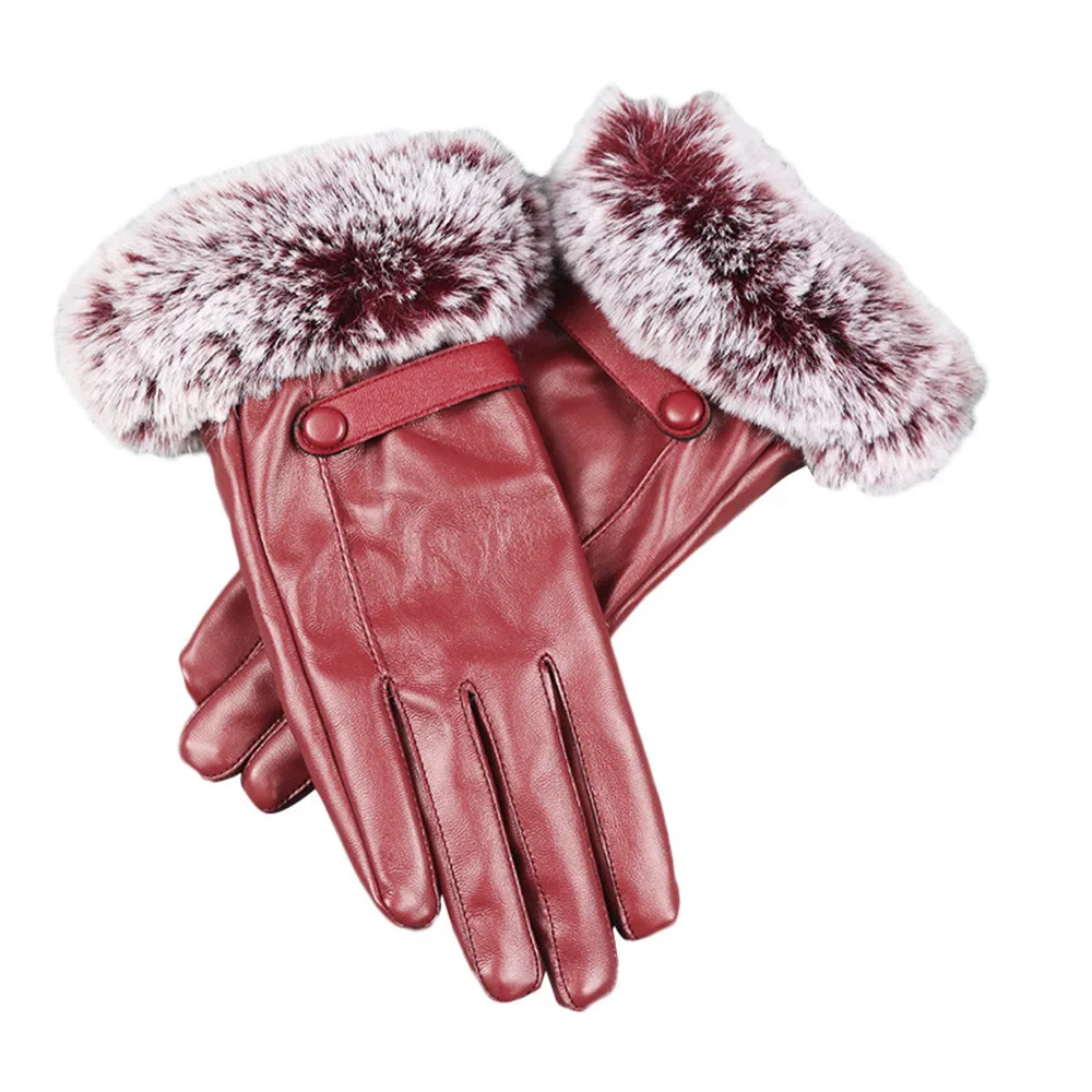 Женские перчатки, мягкие перчатки из козьей кожи, Женские Элегантные Перчатки из искусственной кожи, осенне-зимние теплые варежки из кроличьего меха#10